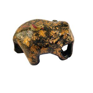 Handcrafted Elephant Figurine With Gold Leaf Pattern Bird Design 2"